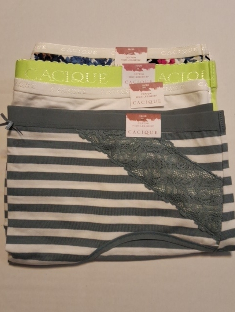 Cacique Women's Striped Hipster Panties - Gray, White, Floral & Lime Accents